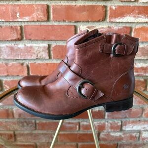 Born Brown Leather Ankle Boots with Buckle Detail